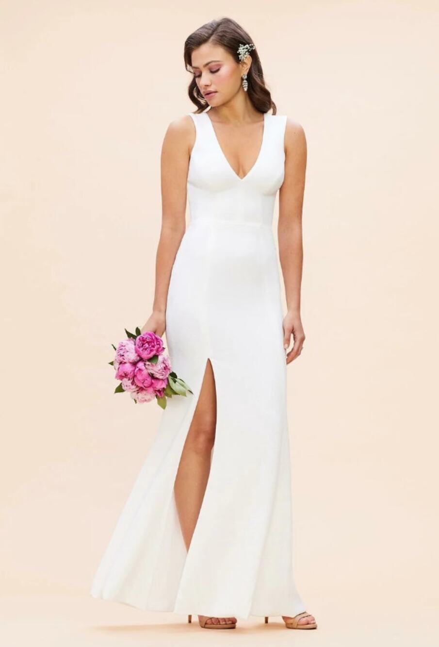 DRESS THE POPULATION Sandra Trumpet Gown Dress Small White Stretch Crepe NWT